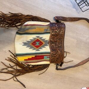 American Darling Red and Yellow Shoulder Bag with Geometric Patterns